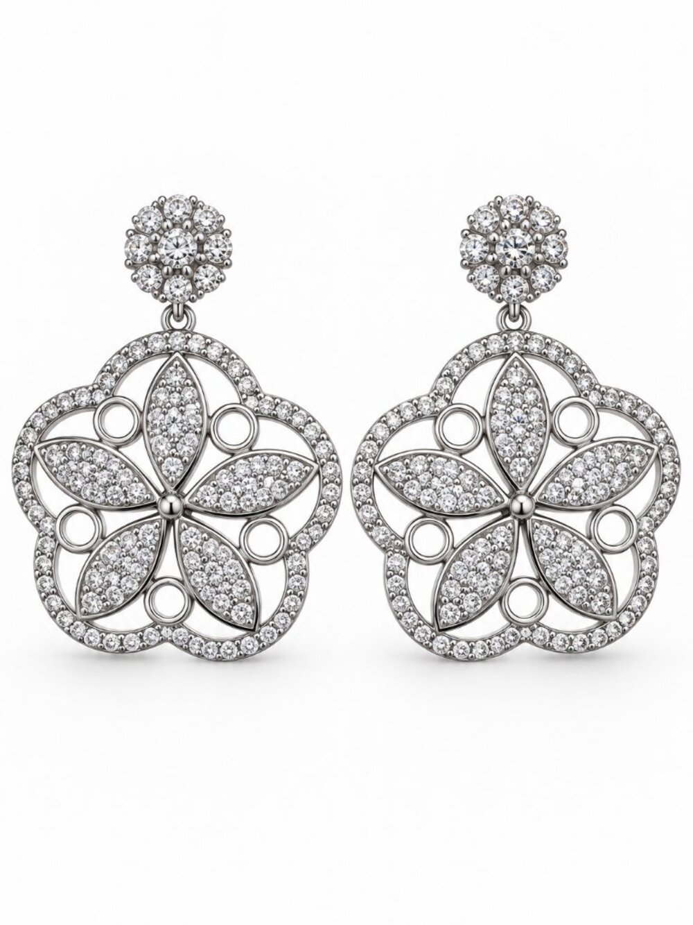 Fleur Silver Floral Crystal Stainless Steel Drop Earrings
